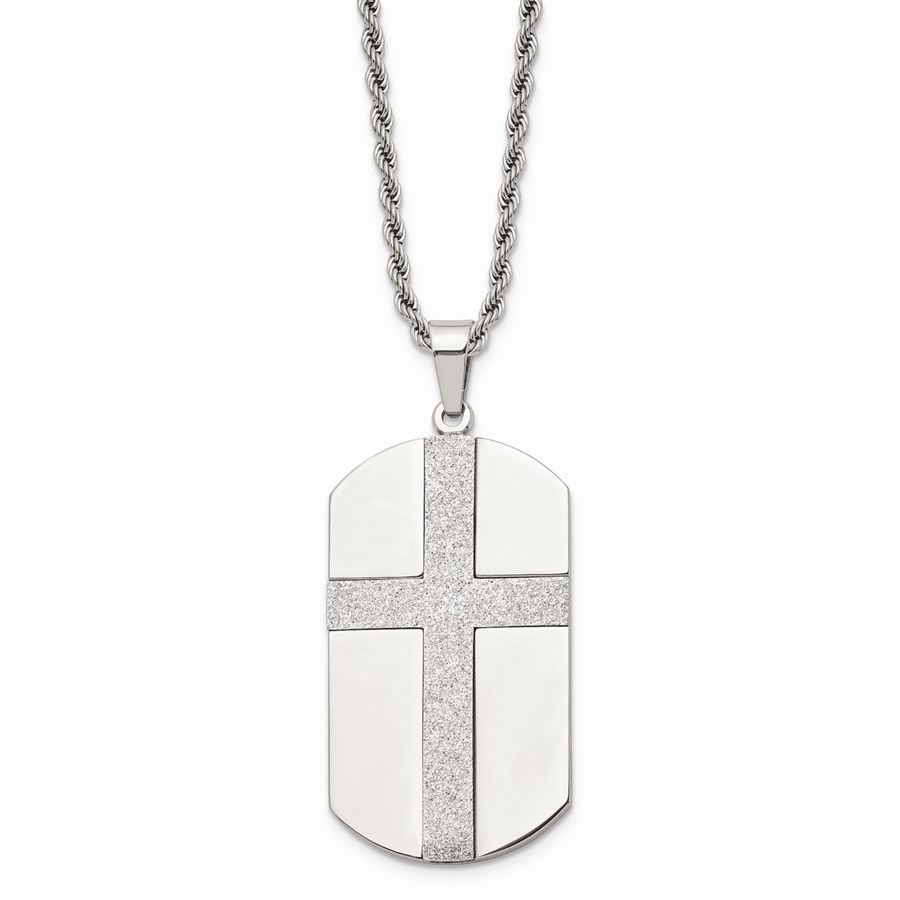 SS Laser Cut Cross Center Dog Tag Necklace - 24 in.