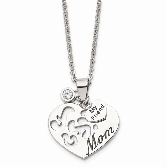 SS Mom with CZ and My Friend Pendant Necklace - 24 in.