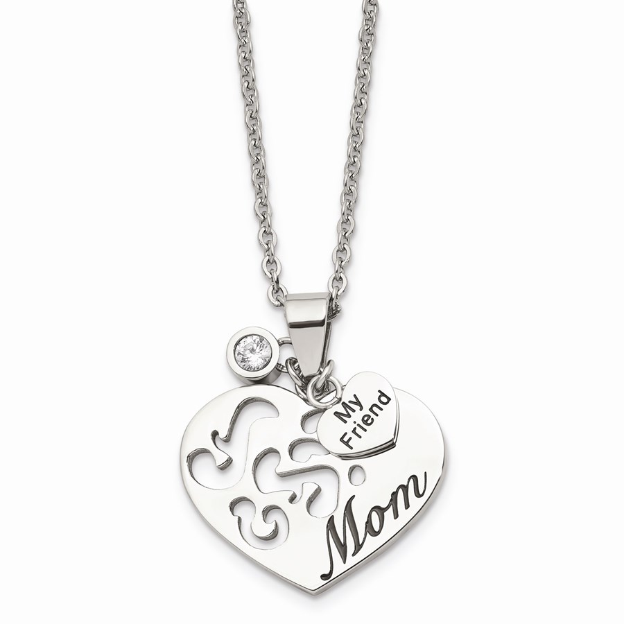 SS Mom with CZ and My Friend Pendant Necklace - 24 in.