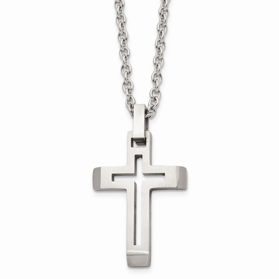 SS Polished and Brushed Cut-out Cross Necklace - 20 in.