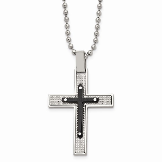 SS Polished Black IP-plated Cross Necklace - 22 in.