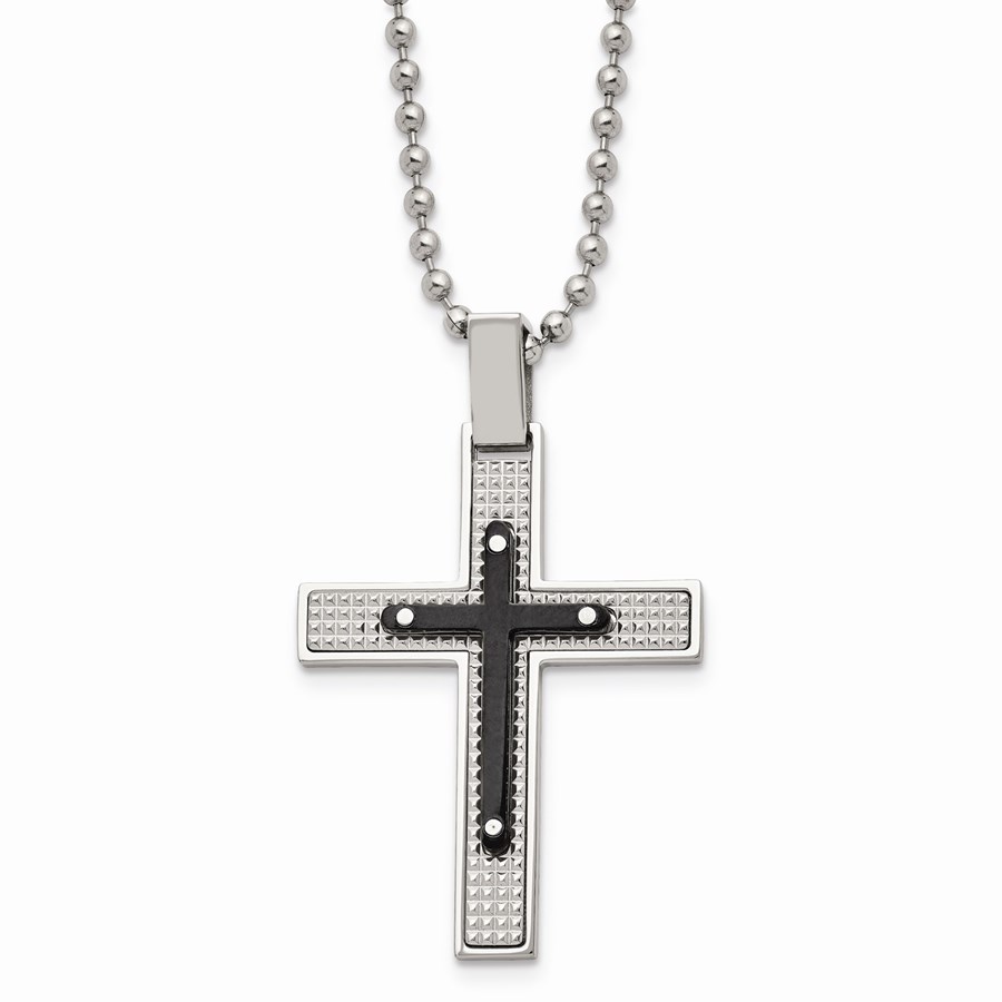 SS Polished Black IP-plated Cross Necklace - 22 in.