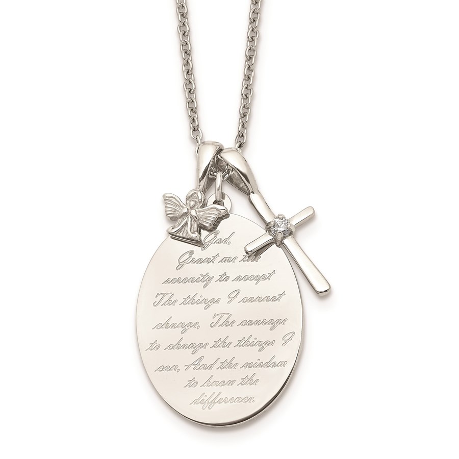 SS Polished Serenity Prayer CZ Cross 2in ext. Necklace - 18 in.