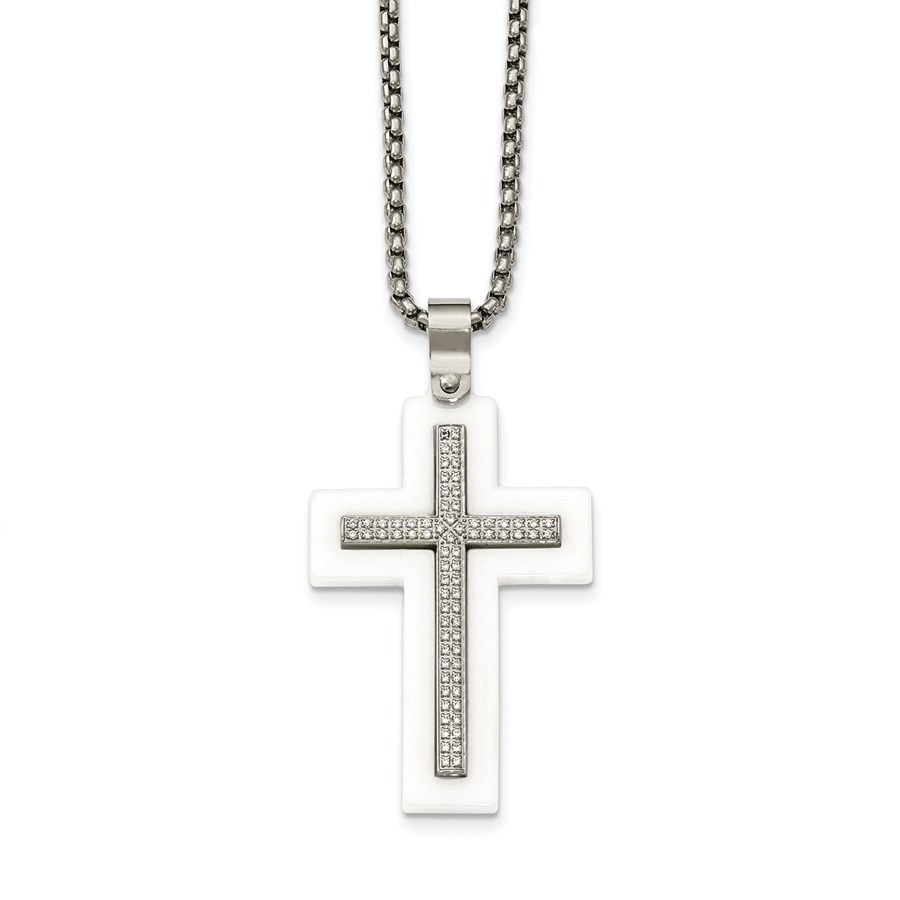 SS Polished White Ceramic Cross CZ 23.75in Necklace - 24 in.
