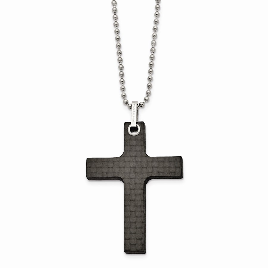 SS Solid Black Carbon Fiber Cross Necklace - 22 in.