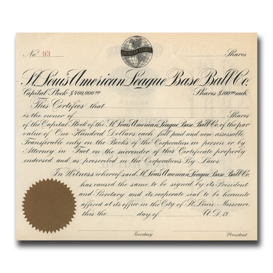 St. Louis Browns American League Baseball Company Stock (1916) St. Louis Browns American League Baseball Company Stock (1916)
