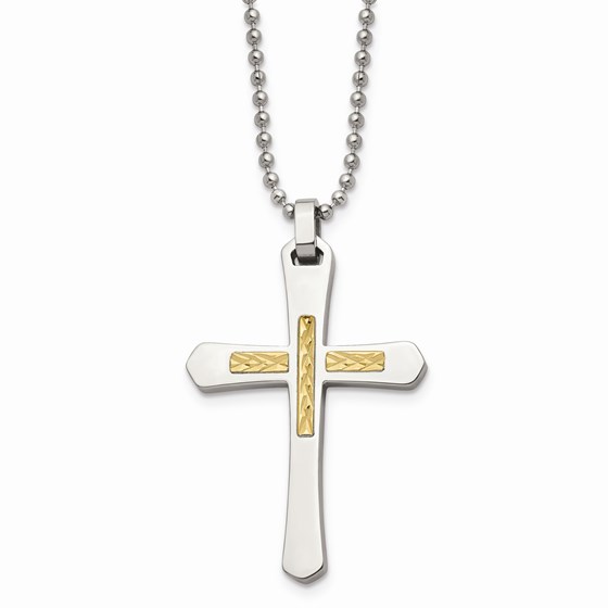 Stainless Steel 14k Accent Diamond Cut Cross Necklace - 22 in. Stainless Steel 14k Accent Diamond Cut Cross Necklace - 22 in.