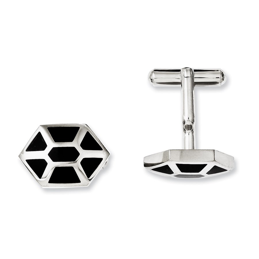Stainless Steel Black Enamel & Polished Cuff Links
