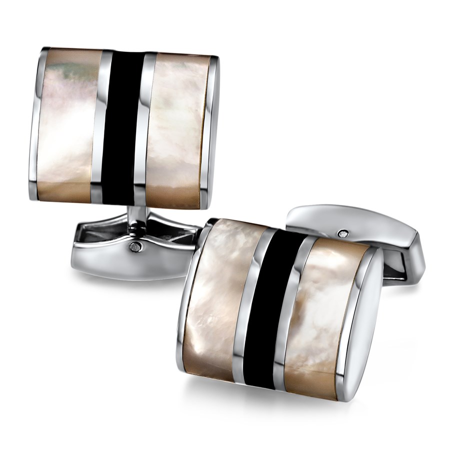 Stainless Steel Black Stone & Mother of Pearl Cuff Links