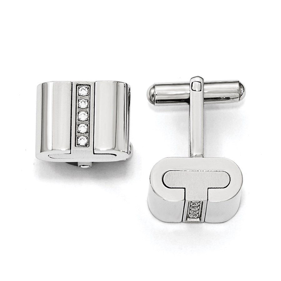 Stainless Steel Brushed and Polished with CZ Square Cuff Links