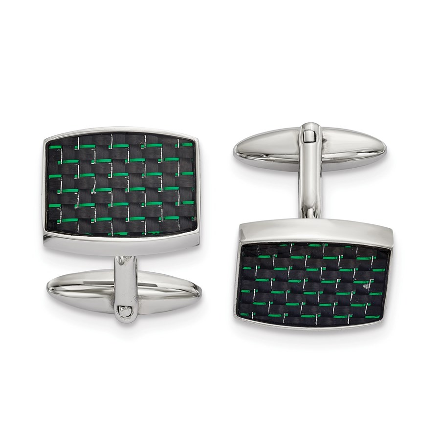 Stainless Steel Polished Black and Green Carbon Cuff Links