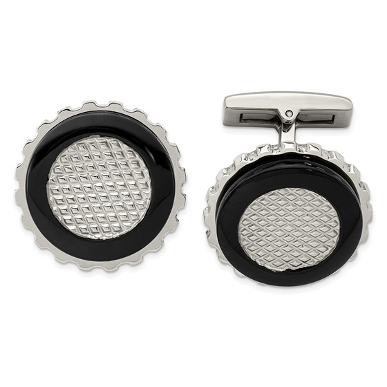 Stainless Steel Polished Black Textured Round Cuff Links