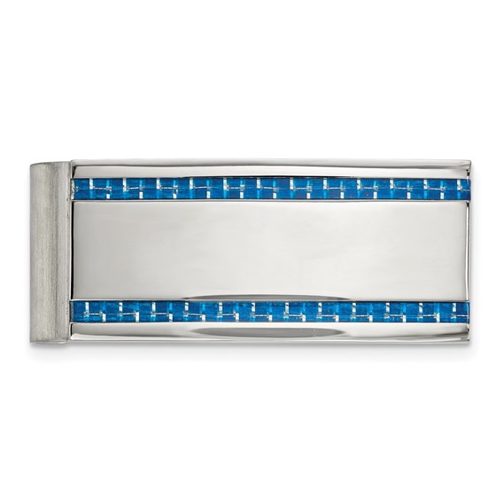 Stainless Steel Polished Blue Carbon Fiber Inlay Money Clip