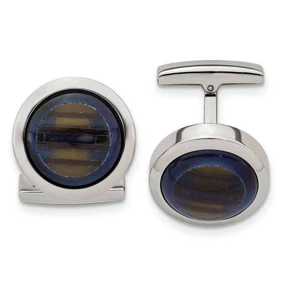Stainless Steel Polished Blue Cat's Eye Cuff Links