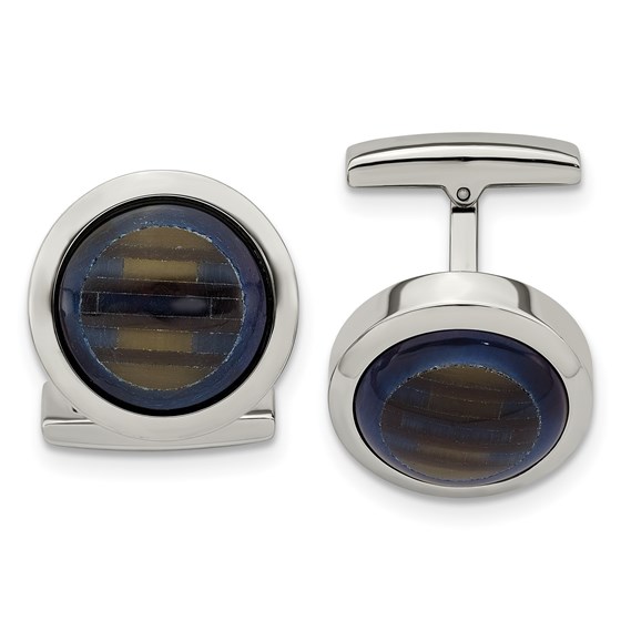 Stainless Steel Polished Blue Cat's Eye Cuff Links Stainless Steel Polished Blue Cat's Eye Cuff Links