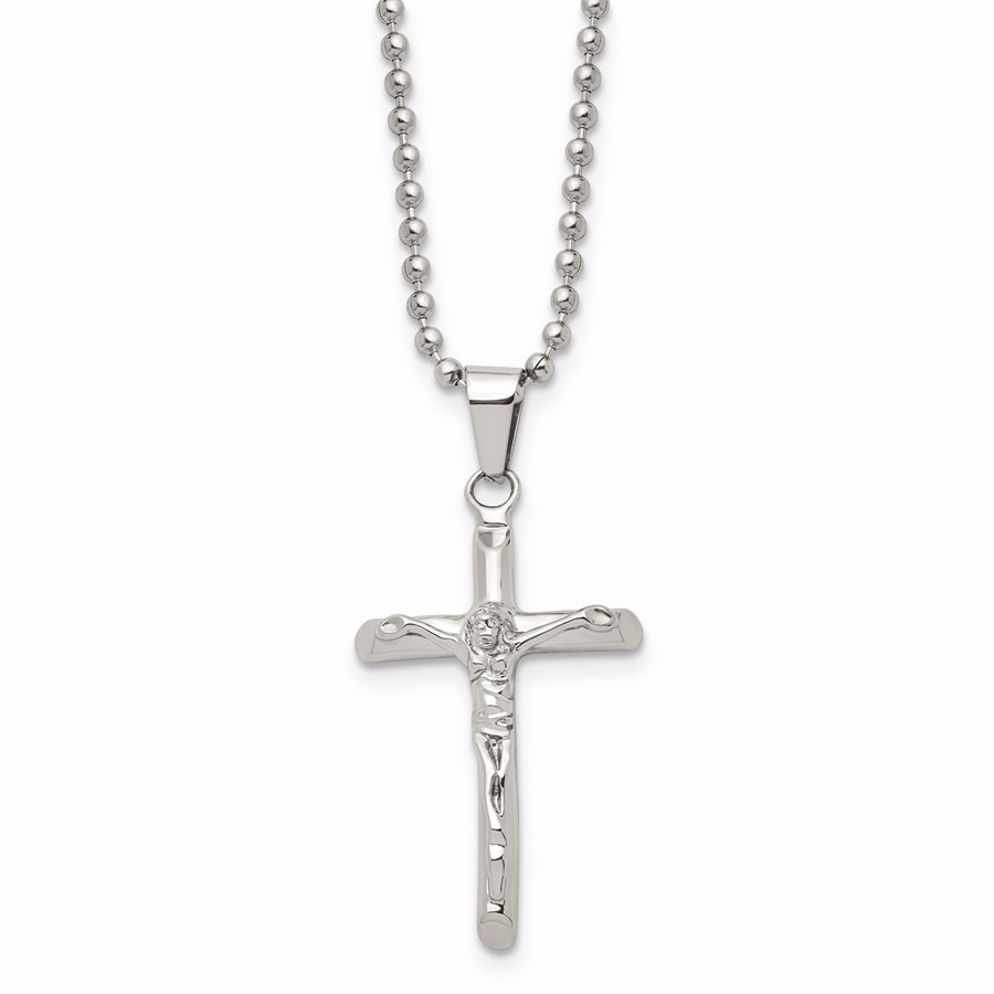 Stainless Steel Polished Cross w/Jesus Necklace - 20 in.