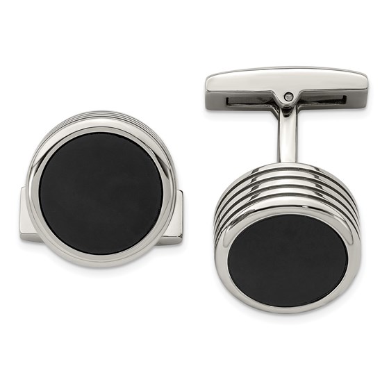Stainless Steel Polished Grooved Round Black IP Cuff Links Stainless Steel Polished Grooved Round Black IP Cuff Links
