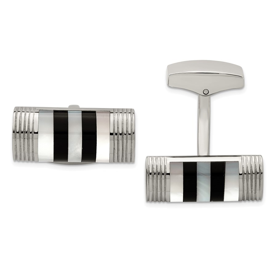 Stainless Steel Polished Mother of Pearl And Onyx Cuff Links