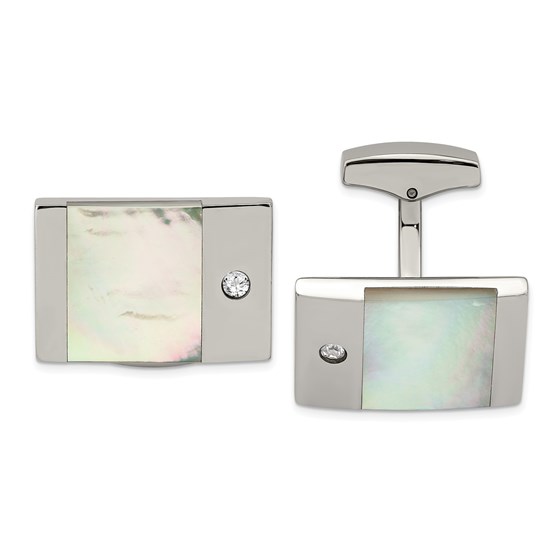 Stainless Steel Polished Mother of Pearl CZ Cuff Links Stainless Steel Polished Mother of Pearl CZ Cuff Links