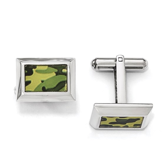 Stainless Steel Polished Printed Green Camo Cuff Links Stainless Steel Polished Printed Green Camo Cuff Links