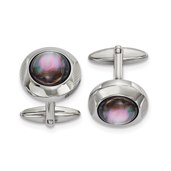 Stainless Steel Polished Round Mother of Pearl Cuff Links