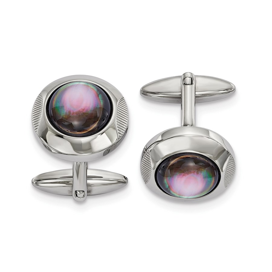 Stainless Steel Polished Round Mother of Pearl Cuff Links