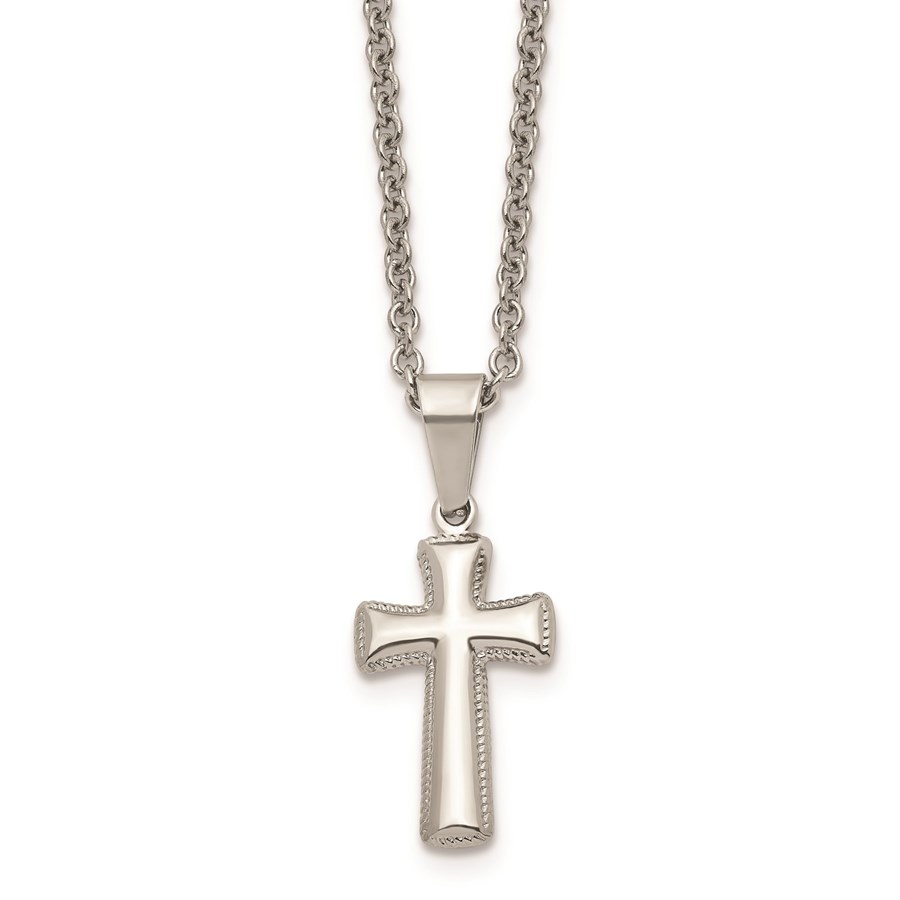 Stainless Steel Polished Small Cushion Cross Necklace - 18 in.