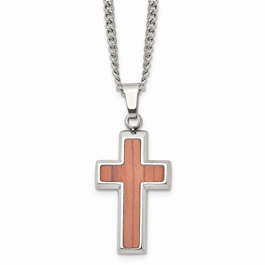 Buy Stainless Steel Polished Wood Inlay Cross Necklace 24 in. APMEX
