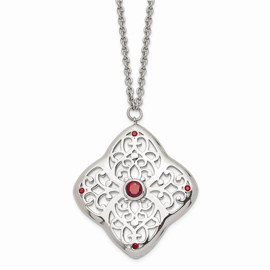 Stainless Steel Red CZ Square with 2in ext. Necklace - 30 in.