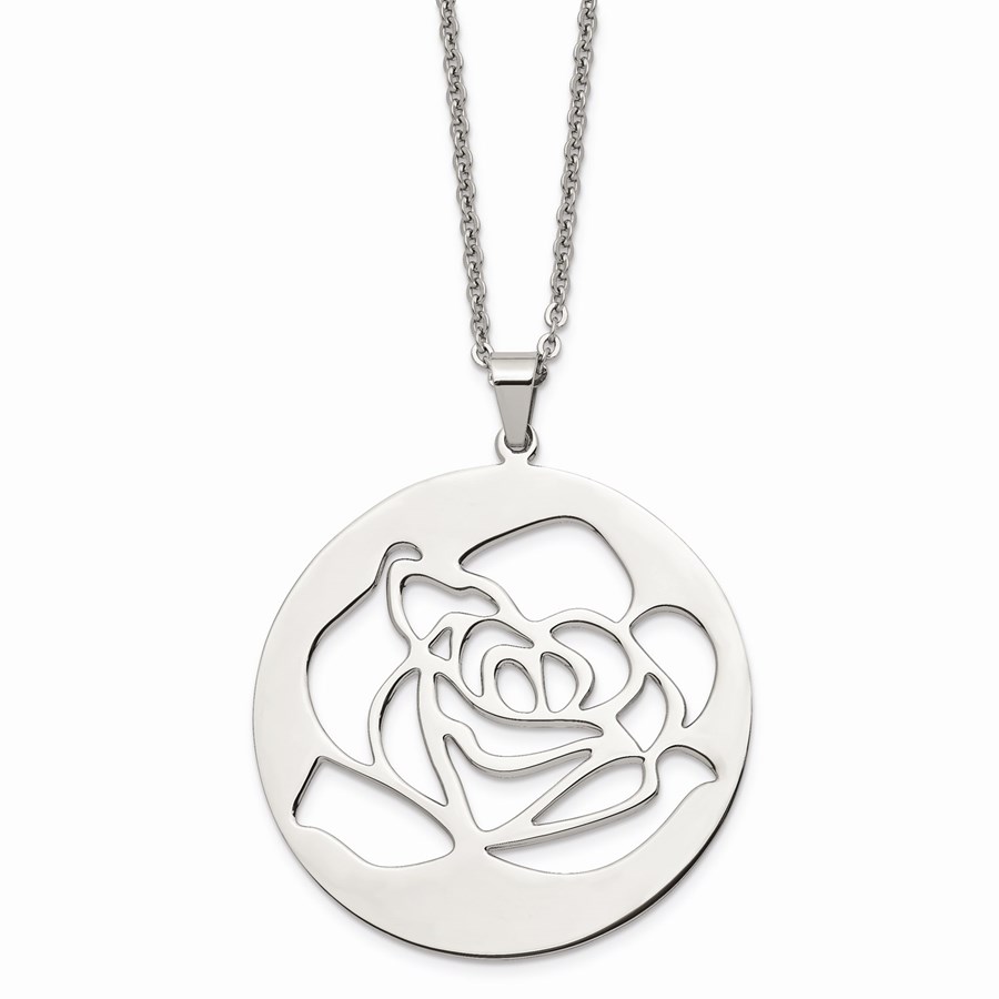 Stainless Steel Rose Cutout Pendant Necklace - 22 in.