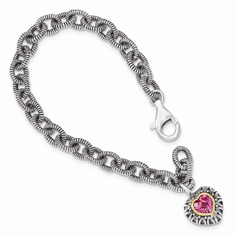 Sterling Silver Created Pink Sapphire Heart Charm Bracelet 