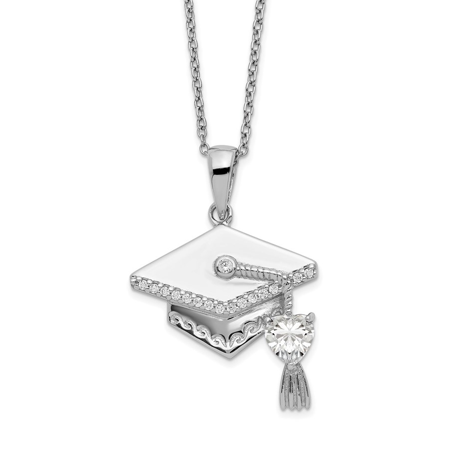 Sterling Silver CZ Graduation Cap Necklace - 17.5 in.