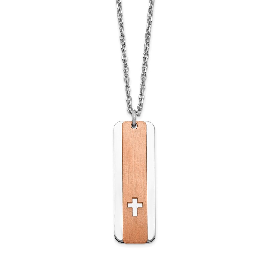 Sterling Silver Dogtag w/Rose-tone Cross Necklace - 17 in.