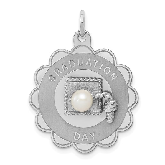 Sterling Silver Graduation Day Disc with FW Cultured Pearl Charm Sterling Silver Graduation Day Disc with FW Cultured Pearl Charm