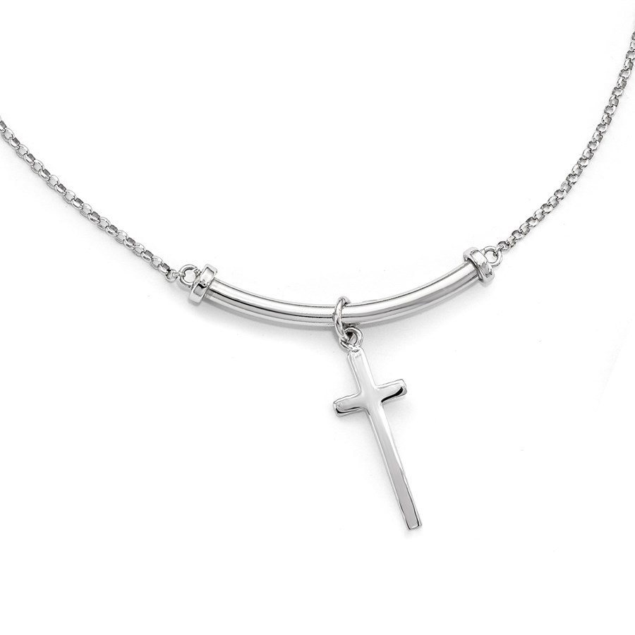 Sterling Silver Polished Cross w/1in ext. Necklace - 17 in.
