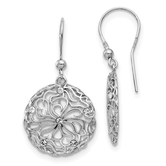 Sterling Silver Polished CZ Floral Dangle Earrings - 39 mm Sterling Silver Polished CZ Floral Dangle Earrings - 39 mm