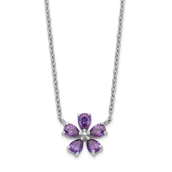 Sterling Silver Purple CZ Flower Necklace - 18 in. Sterling Silver Purple CZ Flower Necklace - 18 in.