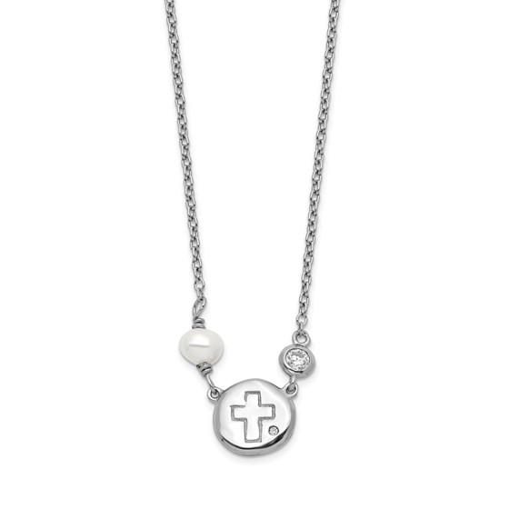 Sterling Silver RH-plated CZ/Cross/FWC Pearl Necklace - 16 in. Sterling Silver RH-plated CZ/Cross/FWC Pearl Necklace - 16 in.