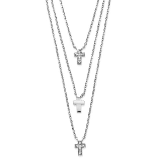 Sterling Silver RH-plated Three Str& CZ Cross Necklace - 16 in.