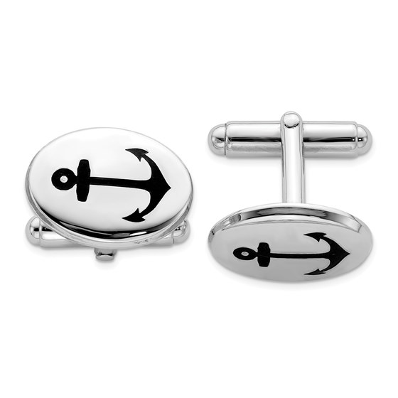 Sterling Silver Rhodium-plated Black Anchor Enamel Oval Cuff Link Sterling Silver Rhodium-plated Black Anchor Enamel Oval Cuff Link