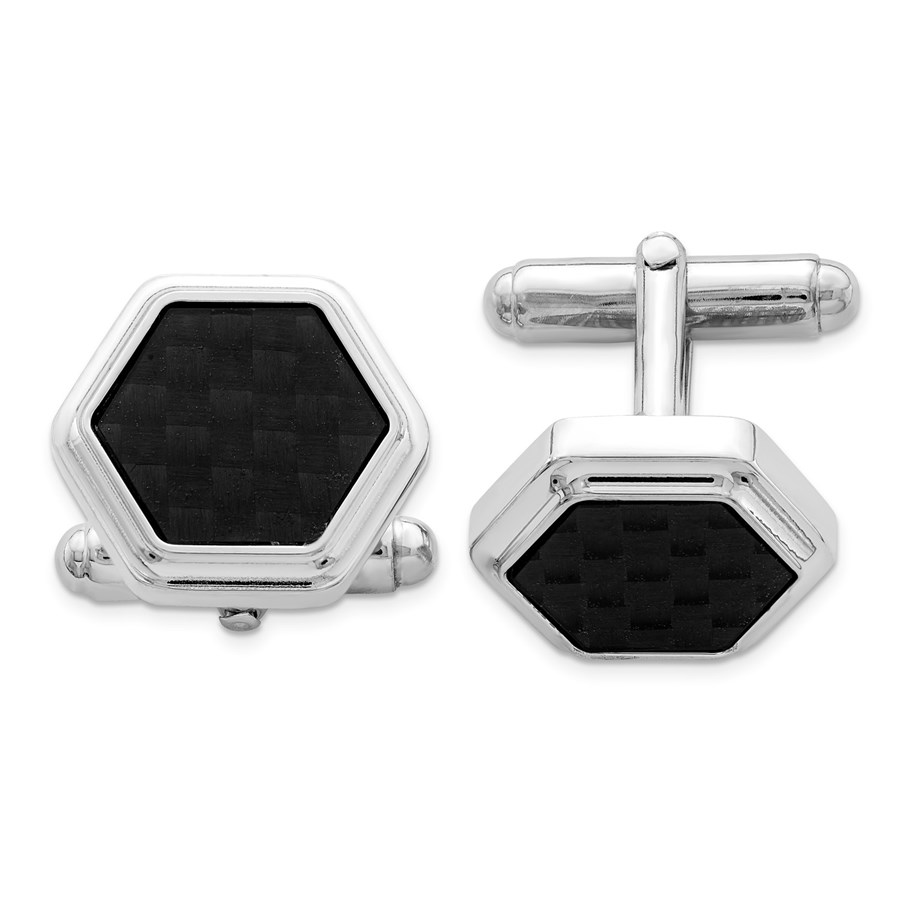 Sterling Silver Rhodium-plated Hexagon Black Cbn Fiber Cuff Links