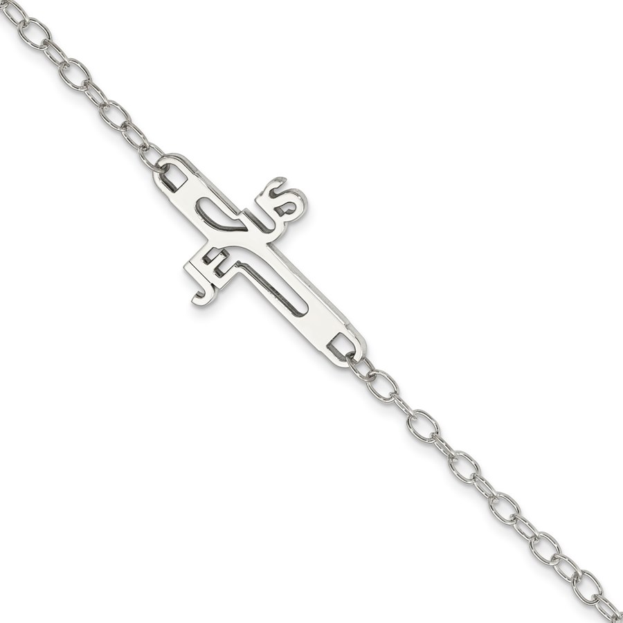 Sterling Silver Rhodium-plated Jesus Cross 7.5in Bracelet