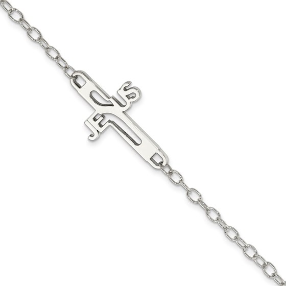 Sterling Silver Rhodium-plated Jesus Cross 7.5in Bracelet