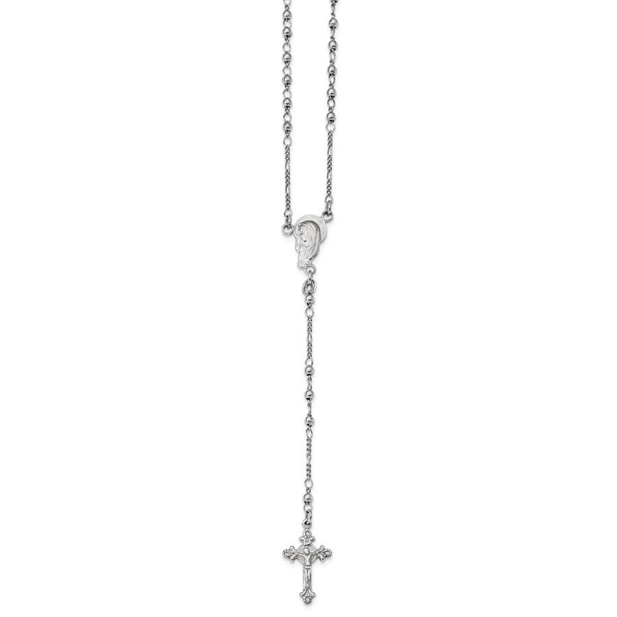 Sterling Silver Rhodium Plated Polished Beaded Rosary - 24 in.