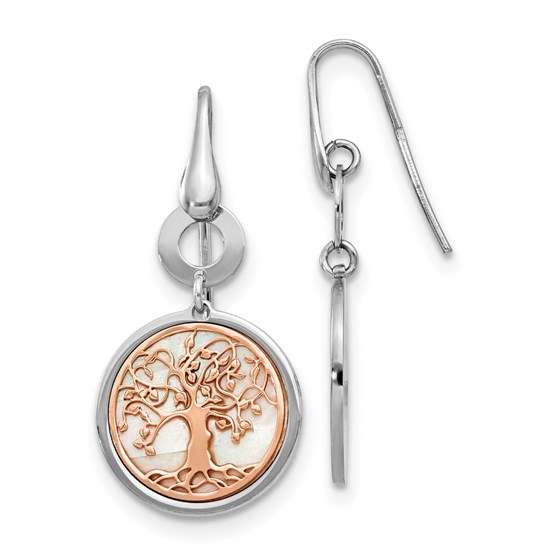 Sterling Silver Rose-tone MOP Tree of Life Earrings - 39.5 mm Sterling Silver Rose-tone MOP Tree of Life Earrings - 39.5 mm
