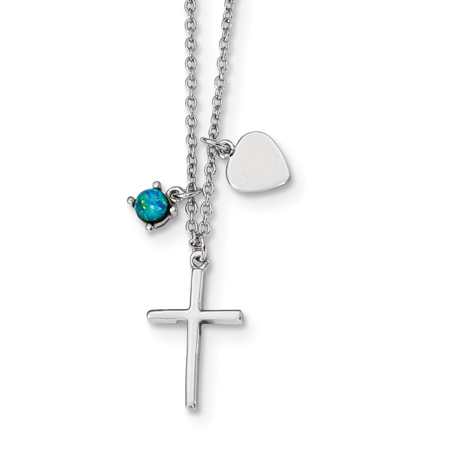 Sterling Silver RP Created Blue Opal Cross Necklace - 18 in.