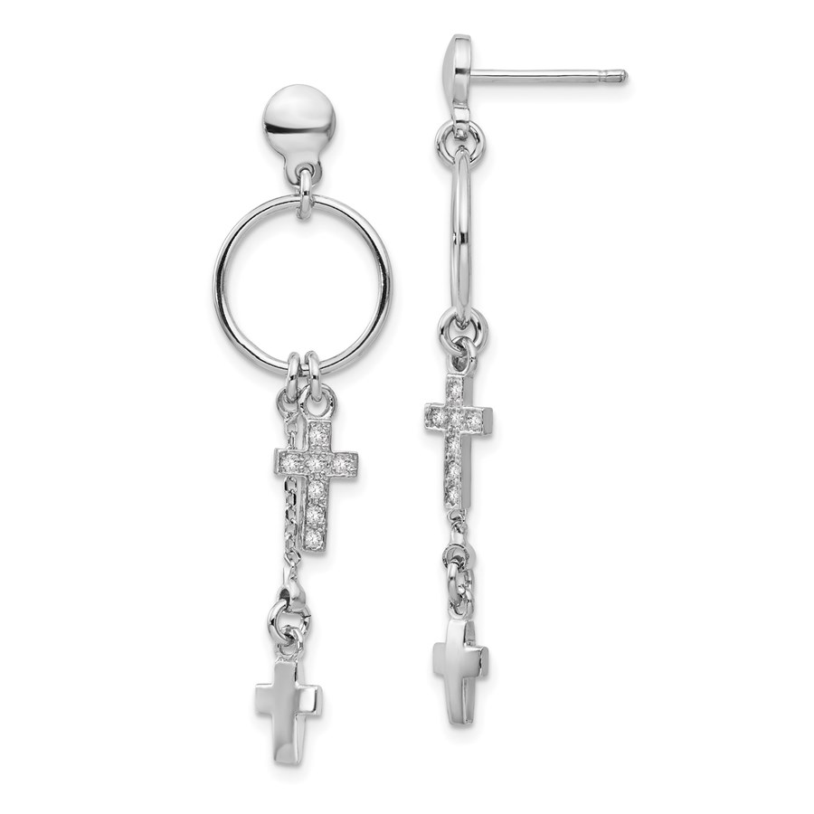 Sterling Silver RP CZ Cross Dangle Earrings - 45.05 mm