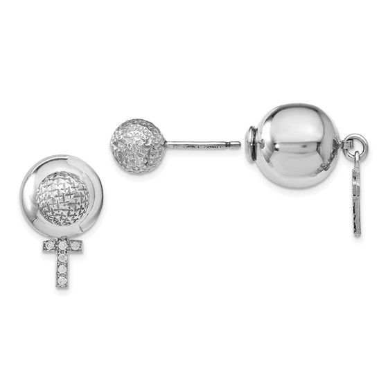 Sterling Silver RP CZ Cross Front and Back Earrings - 19 mm