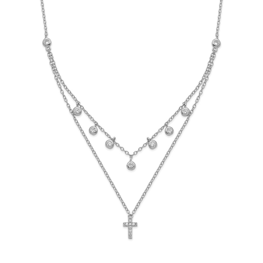 Sterling Silver RP CZ Cross w/ 2in ext. Necklace - 16 in.