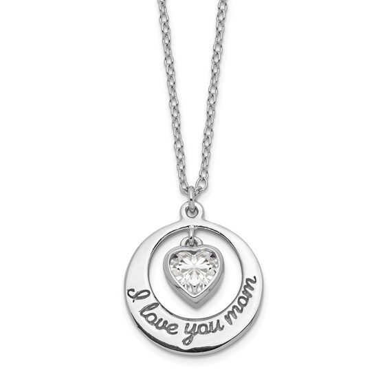 Sterling Silver RP CZ Heart I Love You Mom Necklace - 17 in.